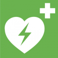 Rettungszeichen Defibrillator (AED) E010, PVC-Folie, selbstklebend, langnachleuchtend, 150 x 150 mm